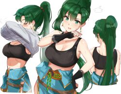 back_view belt big_breasts breasts cleavage closed_eyes clothes_down earrings fingerless_gloves fire_emblem fire_emblem:_the_blazing_blade gloves green_eyes green_hair hi_res looking_at_viewer lyn_(fire_emblem) nintendo ormille ponytail side_view sports_bra sportswear steam steaming_body stripping sweat sweaty taking_clothes_off waist