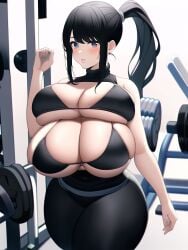 4_breasts ai_generated bangs big_breasts bikini bikini_top black_hair blue_eyes breasts bursting_breasts cleavage curvy gym gym_clothes huge_breasts multi_breast nai_diffusion ponytail sideboob sidelocks sleeveless stable_diffusion string_bikini tetra_(oc) tetra_ai thick_thighs tight_clothing turtleneck underboob voluptuous weights wide_hips yoga_pants