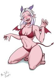 1girls alternate_costume bat_wings belly belly_button bikini blush bra breasts closed_eyes clothed clothed_female collar costume devil_tail elf_ears elf_female eyebrows fake_tail fake_wings female female_only halloween_costume hands_up horn horns legs mr.jellybeans navel non-nude on_knees open_mouth pointy_ears rayla_(the_dragon_prince) red_bikini red_bikini_bottom red_bikini_top red_bra red_collar red_panties sandals smile smiling solo solo_female tail teeth teeth_showing the_dragon_prince tongue white_background white_hair wings