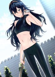 1girls abs ameno_(a_meno0) belly_button blue_eyes blue_hair blue_sky breath crop_top fire_emblem fire_emblem_awakening long_hair looking_at_viewer lucina_(fire_emblem) midriff midriff_baring_shirt nintendo panting pants sky small_breasts solo steam sweat sword thin_waist tiara tight_clothing tight_pants training tree trees wall