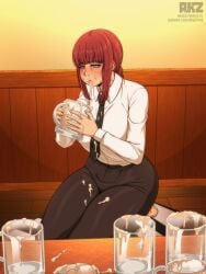 1girls akazlime barefoot beer_bottle big_breasts chainsaw_man clothed cum_in_container cum_in_glass cum_in_mug drinking drinking_cum female gokkun makima_(chainsaw_man) red_hair tie