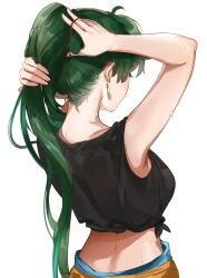 1girls arms_up back_view big_breasts breasts clothes_down crop_top earrings fire_emblem fire_emblem:_the_blazing_blade green_hair hi_res lyn_(fire_emblem) nintendo ormille ponytail solo sports_bra sweat sweatdrop sweaty tying_hair waist