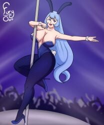 1girls audience being_watched blue_eyes blue_hair breasts bunny_ears bunny_tail bunnysuit crowd female fishnet_stockings fishnets fully_clothed fury_o hi_res huge_breasts light-skinned_female light_skin my_hero_academia nejire_hado pole pole_between_breasts pole_dancer pole_dancing tagme