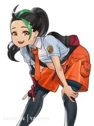 1girls accidental_exposure backpack bag bent_forward black_hair breasts breasts_out breasts_outside clothing exposed_breasts female female_only fingerless_gloves freckles gen_uma_mai gloves green_hair handwear human leggings medium_breasts necktie nemona_(pokemon) nipple_slip nipples orange_eyes pale_skin pokemon pokemon_sv ponytail shirt shirt_lift shorts smile sweat tie yanjhia