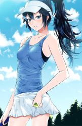 1girls ameno_(a_meno0) blue_eyes blue_hair blue_sky fire_emblem fire_emblem_awakening hat legs long_hair looking_at_viewer lucina_(fire_emblem) nintendo ponytail skirt sky small_breasts solo sports_bra sportswear sweat sweaty tennis_ball tennis_outfit tennis_racket tennis_uniform thighs trees visor visor_cap