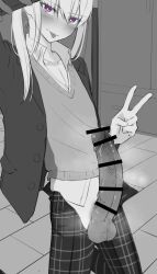 1boy 2021 bar_censor blazer blush censored collared_shirt dainamaito_kohi dynamite_coffee erection femboy greyscale hands_up heart-shaped_pupils holding large_penis long_hair looking_at_viewer male male_only monochrome open_clothes open_pants pants penis penis_outside plaid_pants ponytail purple_eyes selfie shirt smartphone smile solo spot_color standing steam sweater testicles tongue tongue_out v v-neck