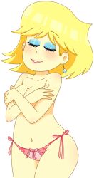 1girls belly blonde_hair blue_eyeshadow breasts closed_eyes covering_breasts eyelashes eyeshadow female female_only flor hands_on_breasts hips lori_loud navel no_bra panties pink_panties smile solo solo_female solo_focus the_loud_house thick_thighs thighs underwear wide_hips