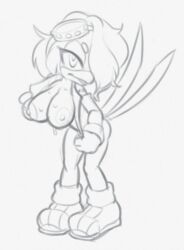 beak bird bird_tail bodysuit breasts exposed_breasts female goggles hair hotred is_(artist) jumpsuit monochrome original_character servedasis sketch sonic_oc sweat unzipped_bodysuit white_background