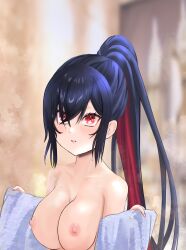 1girls 2022 breasts detailed_background digital_drawing_(artwork) digital_media_(artwork) estebaneishon1 exposed_breasts looking_at_viewer mitsurugi_lia nipples ponytail red_eyes two_tone_hair virtual_youtuber wactor wactor_jp wactor_production