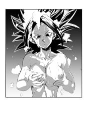 1girls absurdres breast_grab breast_squeeze breasts caulifla dragon_ball dragon_ball_super female greyscale head-cha-la highres monochrome showering soap tagme