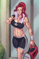 1girls abs bbc-chan breasts clothed clothing female female_only fully_clothed gym_clothes looking_at_viewer muscles muscular muscular_female red_hair solo sportswear vanadey_whiteflame_(garren)