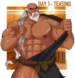 balls bara beard capcom facial_hair flaccid gay gouken male male_only muscles muscular penis penis_out revealyoursins solo solo_male street_fighter sweat sweating sweaty teasing undressing white_hair