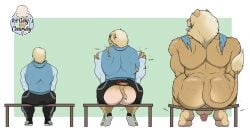 1ceberg absurd_res anthro ass balls bench big_butt butt_expansion clothing damaged_clothing erection expansion felid genitals growth hands_in_lap hi_res hoodie human humanoid lion male mammal muscle_growth muscular pantherine rear_view sitting solo tight_clothing tongue tongue_out topwear torn_clothing track_pants transformation