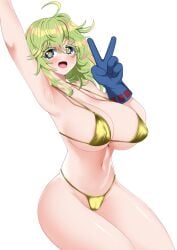 1girls armpits big_breasts bikini breasts female female_focus female_only gloves hagakure_tooru_(visible) light_skin long_hair luex my_hero_academia peace_sign pinup solo thick_thighs thighs tooru_hagakure tooru_hagakure_(visible) white_background