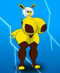 1girls 5:6 absurdres anthro anthrofied black_sclera blue_background blue_eyes breasts brown_clothing busty creatures_(company) curvaceous curvy curvy_female curvy_figure female furry furry_only game_freak gigantic_breasts huge_ass huge_breasts hyper_breasts jolteon massive_breasts nintendo partially_clothed pokémon_(species) pokemon pokemon_(species) rogue simple_background solo solo_female thick_ass thick_thighs ultrazeta120 waifu2x white_hair yellow_body yellow_skin