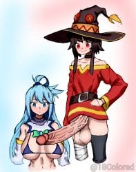 1futa 1girls aqua_(konosuba) balls bandage big_balls big_breasts black_legwear blue_bra blue_eyes blue_hair brown_hair clothed clothing color colored colored_by_s_18 duo erection female futa_on_female futanari hair_ornament huge_cock human intersex kono_subarashii_sekai_ni_shukufuku_wo! large_breasts large_penis light_skin makinakid megumin mostly_nude partially_clothed penis penis_awe red_dress red_eyes sketch small_but_hung standing tagme veiny_penis witch_hat