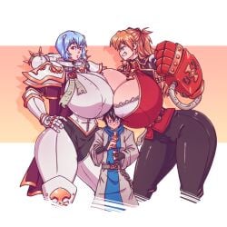 1boy 2022 2girls adepta_sororitas amazon armor asuka_langley_sohryu bent_forward between_breasts black_hair blue_hair blush bra breasts breasts_bigger_than_head cleavage clothing color crossover female female_space_marine giantess gigantic_breasts huge_breasts imperium_of_man inquisition_(warhammer_40k) inquisitor_(warhammer_40k) large_breasts larger_female male mini_giantess n647 neon_genesis_evangelion nipple_bulge orange_hair purity_seal rei_ayanami rule_63 shinji_ikari sister_of_battle size_difference smaller_male symmetrical_docking taller_girl thick_thighs thin_waist voluptuous warhammer_(franchise) warhammer_40k weapon wide_hips