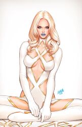 1girls alternative_costume blonde_female blonde_hair blue_eyes blue_lipstick clothing david_nakayama emma_frost female female_only lipstick marvel marvel_comics white_clothing white_queen x-men