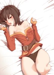 1girls alternate_version_available belt black_panties bottomwear breasts brown_hair clothing female female_only hair kono_subarashii_sekai_ni_shukufuku_wo! kuroneko_pantsu megumin on_bed one_eye_closed panties red_eyes small_breasts solo solo_female thighs topwear