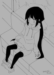 1futa black_hair blush blush_lines bottomless clothed clothing cum_on_penis erection fapping female futa_only futanari heavy_breathing high-angle_view inabakumori long_hair masturbating masturbation mob_face monochrome motion_lines mv_character osage-chan partially_clothed penis public public_masturbation public_nudity sitting solo solo_female spread_legs thighhighs train uncensored uncensored_penis yu11ma11