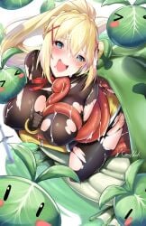 1girls armor bangs blonde_hair blue_eyes bodysuit braid breasts darkness_(konosuba) eyebrows_visible_through_hair female frog gainoob gloves hair_between_eyes hair_ornament highres kono_subarashii_sekai_ni_shukufuku_wo! long_hair medium_breasts monster open_mouth ponytail saliva signature smile solo torn_bodysuit torn_clothes very_long_hair very_long_tongue vore x_hair_ornament