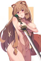 1girls animal_ear_fluff animal_ears areolae blush blushing_at_viewer breast_squish brown_hair completely_nude completely_nude_female covered_nipples covering_breasts covering_crotch covering_nipples covering_pussy covering_self embarrassed embarrassed_nude_female eyebrows_visible_through_hair female female_only gem girl hair hair_ornament hand_bra large_breasts nude nude_female open_mouth raccoon_ears raccoon_girl raccoon_tail raphtalia red_eyes simple_background simple_shading sword tate_no_yuusha_no_nariagari the_rising_of_the_shield_hero very_long_hair