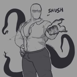 artist_request bara black_tentacles button_down_shirt buttons creature creepypasta faceless_male gray_background gray_pants male male_focus male_only monster muscle muscles muscular muscular_arms muscular_male no_eyes no_hair no_mouth pecs popped_button simple_background slenderman tentacle white_shirt