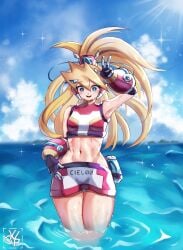 armpits beach blonde_female blonde_hair blue_eyes ciel_(mega_man) klopsiak mega_man mega_man_x_dive mega_man_zero smile swimsuit tagme watermark wide_hips