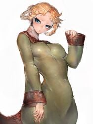 1girls 2022 anthro athletic_female big_breasts blonde_hair breasts cute elden_ring fumio_(rsqkr) lizard lizard_tail nipple_bulge nipples rya_(elden_ring) scalie tail white_background