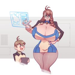 1boy 1girls 2022 allen_ridgeley amazon blush braid breasts breasts_bigger_than_head brown_hair cleavage color duo female giantess glasses hand_on_hip huge_breasts male mini_giantess n647 shion_uzuki size_difference smile taller_girl thick_thighs thin_waist voluptuous wide_hips xenosaga