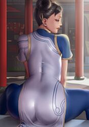 1girls back_view big_ass brown_eyes brown_hair capcom chun-li dantewontdie dat_ass female female_only hair_buns qipao short_hair sitting solo street_fighter street_fighter_6