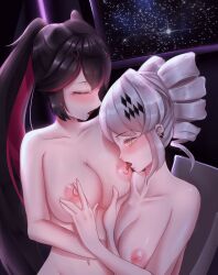 2girls black_hair blush breast_sucking breasts breasts_grab karenina_(punishing:_gray_raven) lucia_(punishing:_gray_raven) multiple_girls nipple_licking nipple_play nipples nude orange_eyes punishing:_gray_raven waihihi white_hair yuri