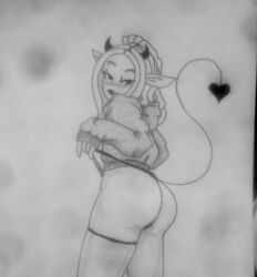 1girls ass black_and_white blush demon demon_girl demon_horns demon_tail dreadlocks female female_focus garter_band hoodie long_hair long_sleeves looking_over_shoulder monochrome ohthesunnyside panties pointed_ears pointy_ears ponytail pulling_panties sketch solo solo_female sunny_(ohthesunnyside) thick_thighs thighs thong unknown_artist white_background