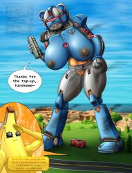 banana bottomless breasts_out broken_heart crying fortnite fortnite:_battle_royale heart mecha_strike_commander mechanical peely peely_fortnite robot robot_girl salute size_difference smeargle20 smoke tears topless