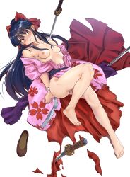 1girls 2019 ass barefoot blue_hair blush bondage bow breasts brown_eyes clothing feet female female_only flats hair_ribbon hairbow kimono long_hair nipples no_bra no_panties pinned_down red_ribbon sakura_shinguji sakura_taisen sakura_wars sega shoes small_breasts sword tied_hair topless torn_clothes yewang19