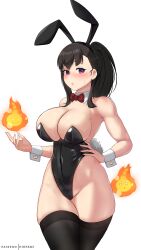 1girls 2022 black_hair black_leotard breasts bunny_ears bunny_girl bunnysuit cleavage enen_no_shouboutai female female_only fire_force hi_res highleg_leotard hioyami hips huge_breasts leotard long_hair oze_maki ponytail purple_eyes pyrokinesis slim_waist thick_thighs thighs wide_hips