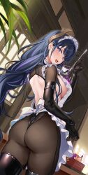 1girls apron back big_ass big_breasts big_butt blush braid breasts cooking curvy female from_behind genshin_impact kikimi kitchen ladle large_breasts looking_at_viewer maid milf purple_eyes purple_hair raiden_shogun saliva saliva_string sideboob thick_thighs thighhighs tongue tongue_out