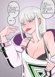 1girls bra cheona_(last_origin) cleavage female female_only forked_tongue last_origin light-skinned_female light_skin lofi99 piercings purple_eyes saliva_trail slit_pupils solo suggestive white_hair