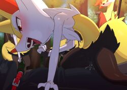 3_fingers ambiguous_gender anthro anthro_on_male anthro_penetrated arm_grab arm_support black_body black_fur blush bodily_fluids bottomless braixen chest_tuft clothed clothing collar cowgirl_position cum cum_drip cum_in_pussy cum_inside cum_on_penis delphox dominant dominant_anthro dominant_female dripping duo faceless_character faceless_male female female_on_top female_penetrated fingers from_front_position fur genital_fluids genitals hi_res human human_on_anthro human_penetrating human_penetrating_anthro interspecies katahane3 larger_human larger_male leash licking licking_lips looking_at_another looking_at_partner lying male male/female male_on_bottom male_penetrating male_penetrating_female mammal nintendo nude on_back on_bottom on_top open_mouth open_smile outside penetration penile penile_penetration penis plant pokémon_(species) pokemon pokemon_(species) pussy pussy_juice pussy_juice_drip questionable_consent red_body red_eyes red_fur red_nose sex shirt size_difference small_dom_big_sub smaller_anthro smaller_female smile stick_in_tail submissive submissive_human submissive_male teeth tongue tongue_out topwear tree tuft vaginal_penetration video_games white_body white_fur yellow_body yellow_fur