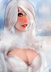 1girls blue_eyes bra breasts clothed emma_frost large_breasts lipstick marvel marvel_comics orionm red_lipstick white_clothing white_hair white_queen x-men