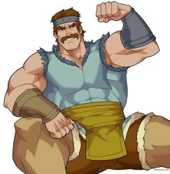 bara bartre_(fire_emblem) facial_hair fire_emblem fire_emblem:_the_binding_blade flexing flexing_bicep fully_clothed gay male male_only moustache muscles muscular nintendo revealyoursins solo solo_male spread_legs