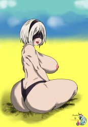 1girls ass beach big_ass big_breasts blindfold nier nier:_automata seated thematti123 thick_thighs topless white_hair yorha_2b