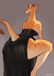 1girls anthro ass back_view bebebebebe big_ass closed_eyes dress female female_only giraffe grey_background hi_res solo solo_female squatting tail thick_thighs