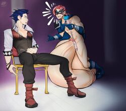 balls blue_hair blush bulge flaccid hyper hyper_balls hyper_genitalia hyper_penis hyper_testicles kingdom_velvet magic male male_focus male_only nipples open_mouth penis penis_growth sitting sitting_on_chair testicles veins veiny_penis