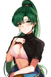 1girls big_breasts blush bra breasts cleavage fire_emblem fire_emblem:_the_blazing_blade flashing green_eyes green_hair hi_res looking_at_viewer lyn_(fire_emblem) nintendo ormille ponytail shirt_lift solo underwear