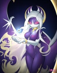 anthro anthrofied black_hole bracelet breasts female hair legendary_pokémon lunala nude pokémon_(species) pokemon pussy red_eyes rilex_lenov solo white_hair wings