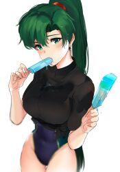 1girls big_breasts black_shirt breasts fire_emblem fire_emblem:_the_blazing_blade food green_eyes green_hair hi_res ice_cream looking_at_viewer lyn_(fire_emblem) melting_popsicle nintendo one-piece_swimsuit ormille ponytail popsicle solo swimsuit thigh_gap thighs