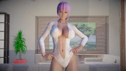 1girls 3d ayane_(doa) big_breasts breasts cleavage dead_or_alive female female_only hourglass_figure human large_breasts light-skinned_female light_skin lingerie looking_at_viewer outdoors purple_hair red_eyes short_hair solo teddy_(clothing) white_lingerie