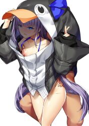 1boy animal_costume black_jacket blue_ribbon blush bottomless commentary_request cum cum_on_legs cumdrip fate/grand_order fate_(series) female fujimaru_ritsuka_(male) jacket long_hair long_sleeves looking_at_viewer meltryllis_(fate) meltryllis_(swimsuit_lancer)_(fate) meltryllis_(swimsuit_lancer)_(first_ascension)_(fate) nipple_slip nipples open_mouth penguin_costume purple_hair ribbon sex shared_clothes simple_background sleeves_past_wrists solo_focus straight uzuki_karasu very_long_hair white_background white_jacket