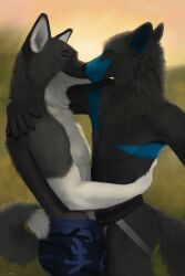 akita almost_naked american anthro anthro_only black_fur blue_fur blue_inner_ear canid canine canis closed_eyes clothing djano domestic_dog duo fur furry furry_only grey_fur holding_partner jockstrap jockstrap_only kissing male male/male mammal nipples shirtless shirtless_(male) smile spitz sunset underwear underwear_only white_fur white_inner_ear wolf